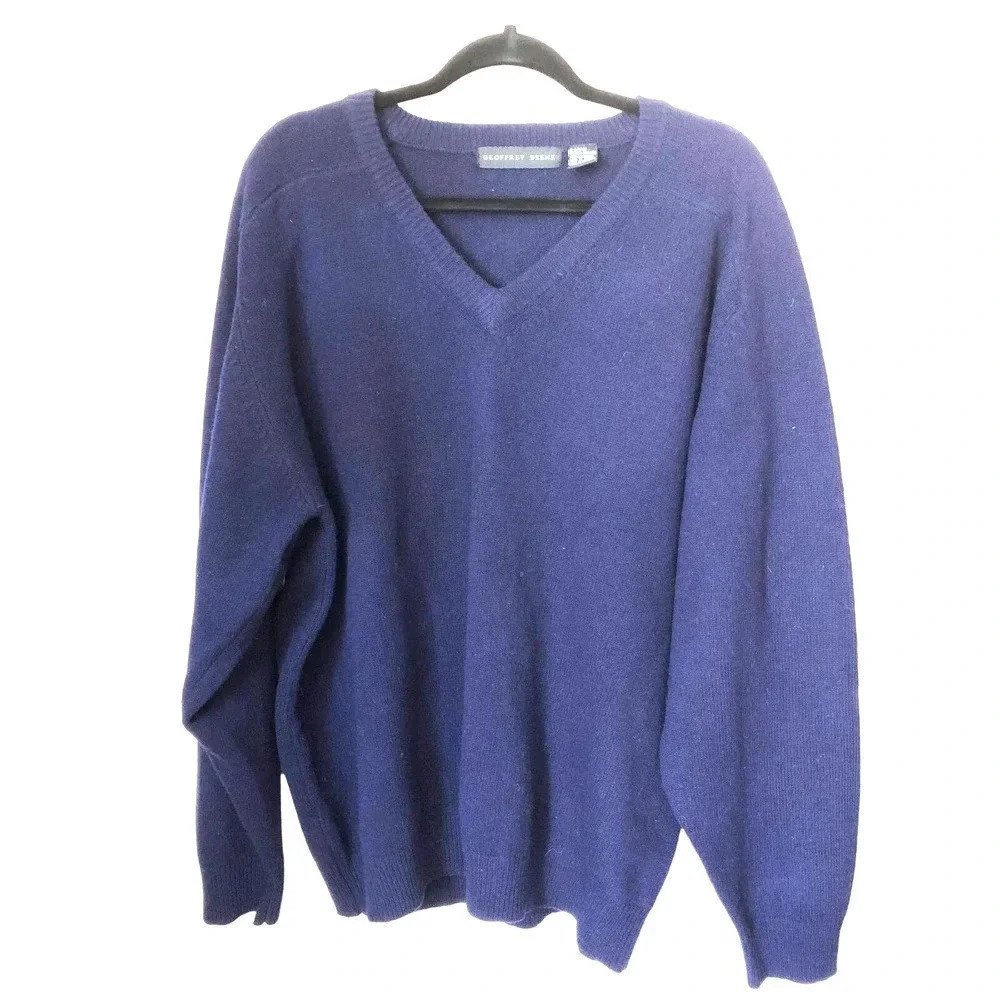 VTG Y2K100% Lambswool Geoffrey Beene Men V Neck Blue Cozy Sweater XL Stretch